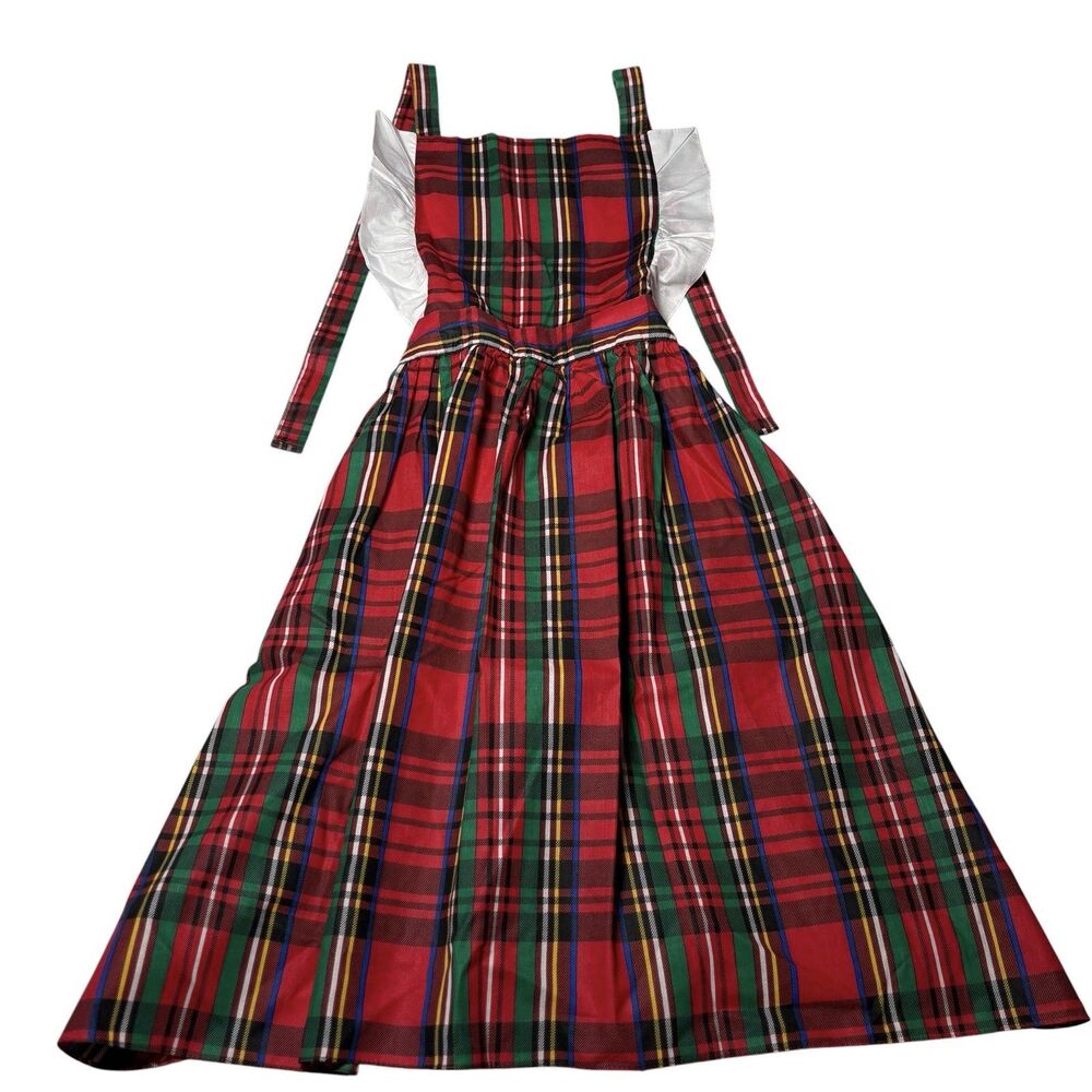 Vintage Christmas Plaid Hostess Apron Red Green Silver Ruffle Full Skirt Retro